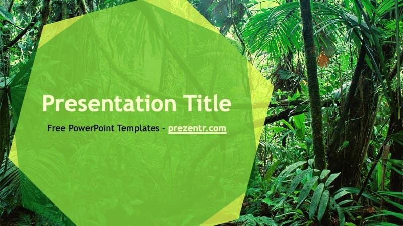 Jungle PowerPoint Template cover slide with green geometric shape and tropical forest background