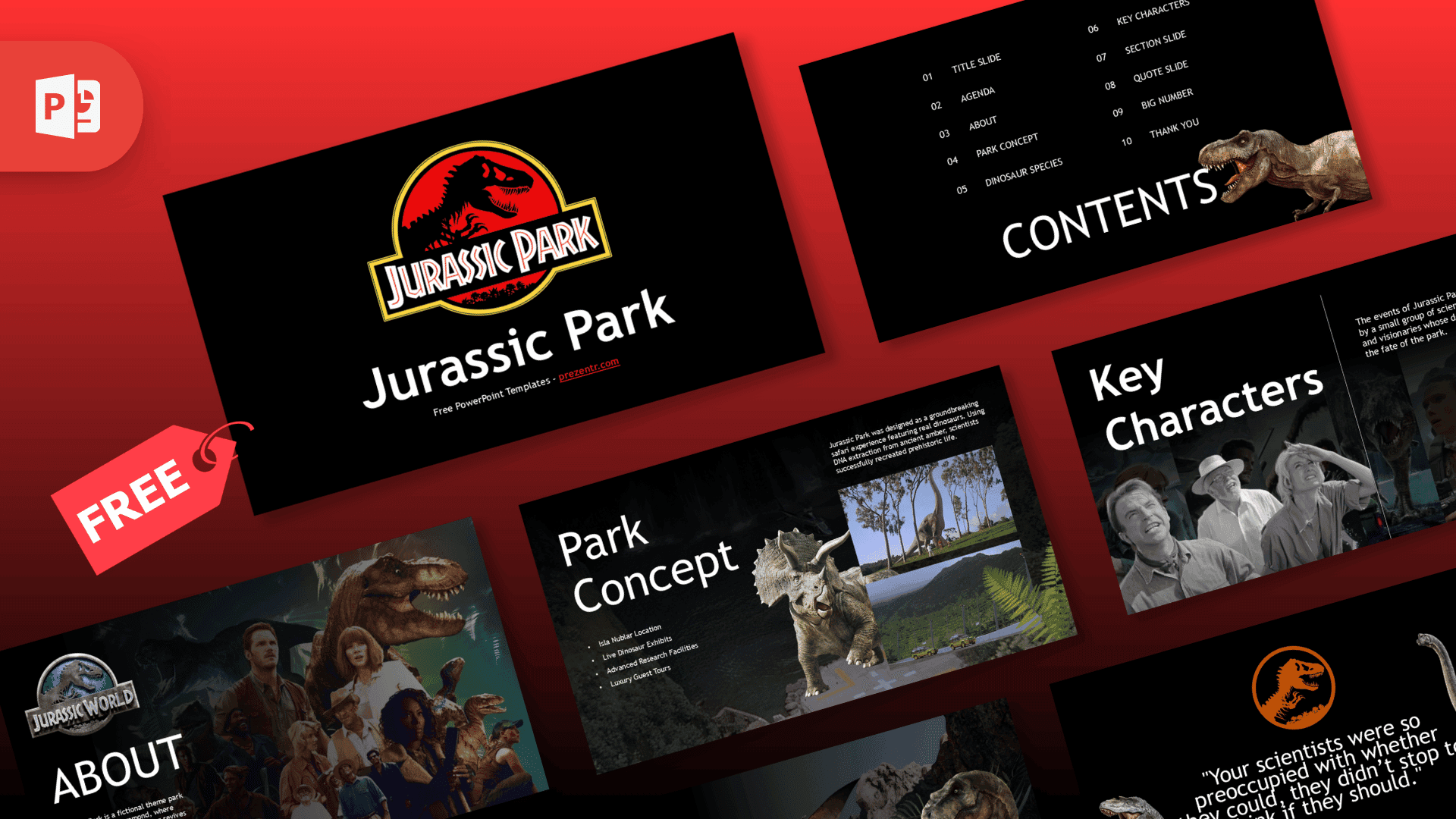 Jurassic Park PowerPoint template cover slide with iconic logo, black background, red accent color, and dinosaur imagery
