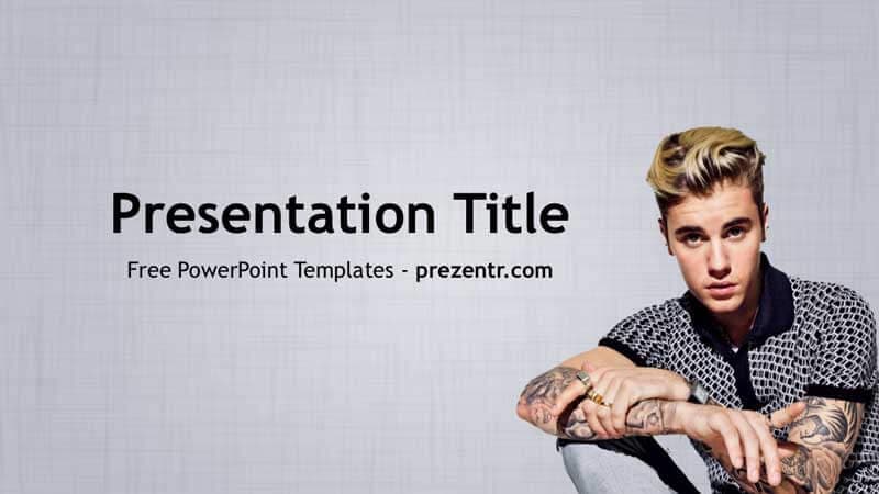 Justin Bieber PowerPoint Template cover slide with blonde male figure in gray jacket against light background
