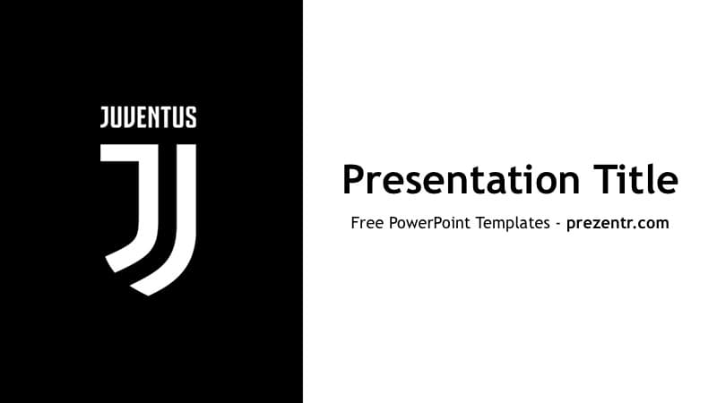 Juventus PowerPoint template cover slide featuring the iconic white "J" logo on black background with white text area