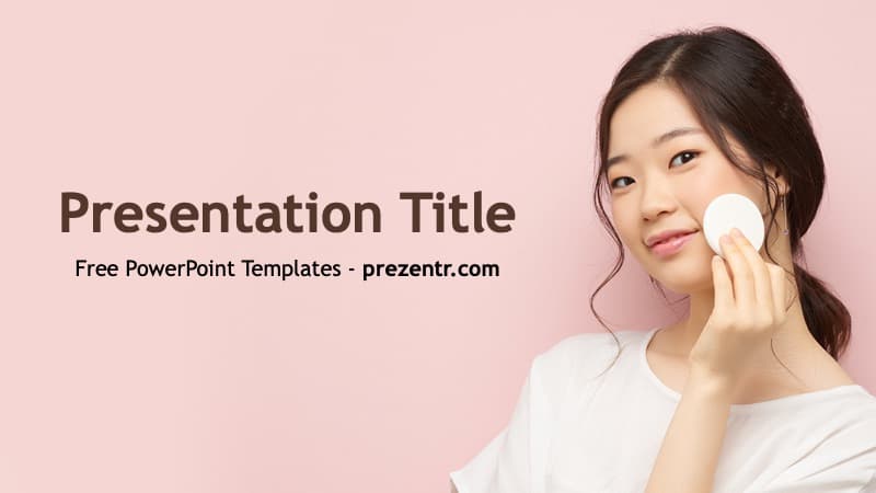 K-Beauty PowerPoint Template cover slide featuring a woman applying skincare on a soft pink background with brown text