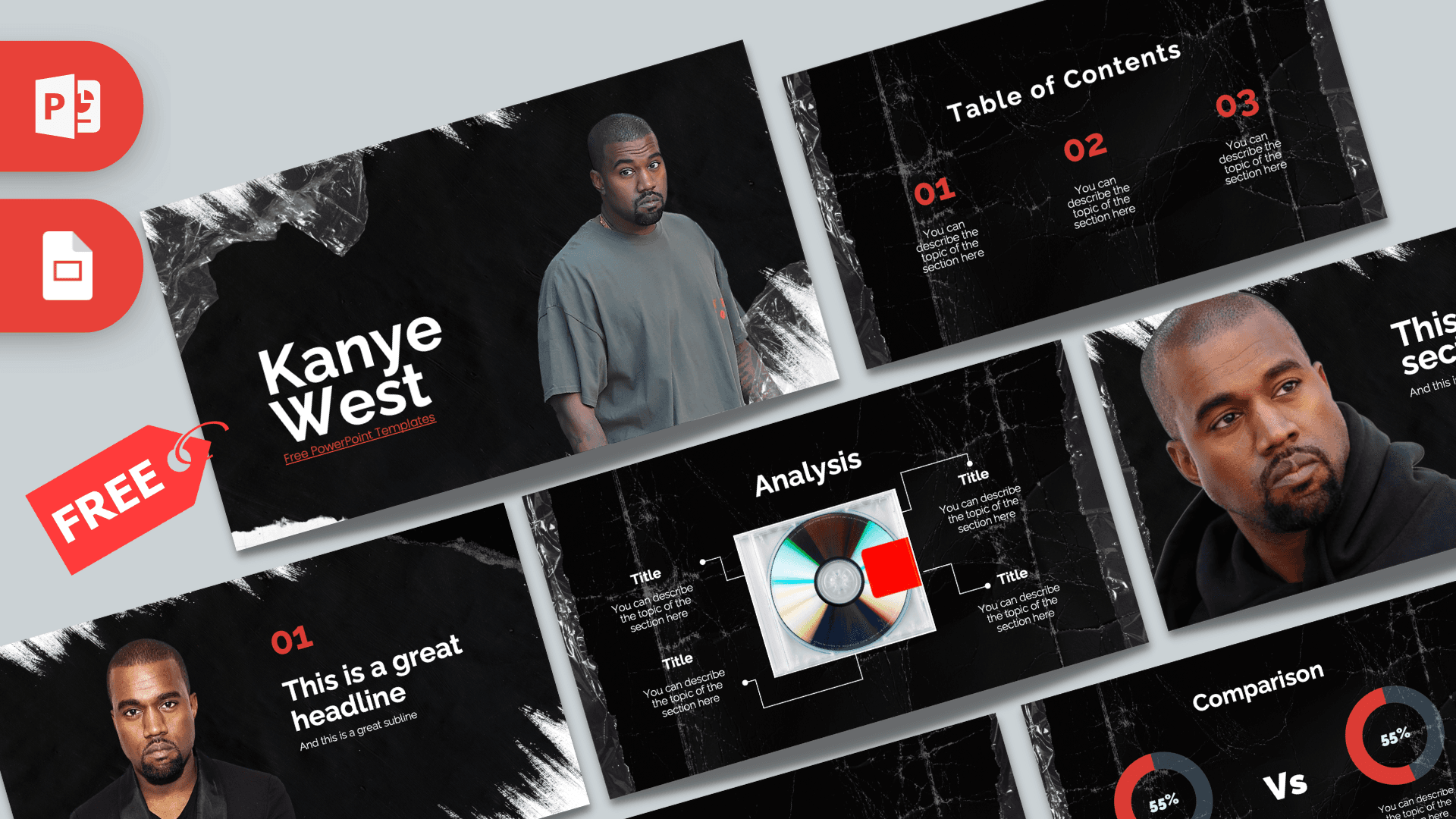 Kanye West PowerPoint Template with black marble background, red accents, portrait photos, and modern layout elements
