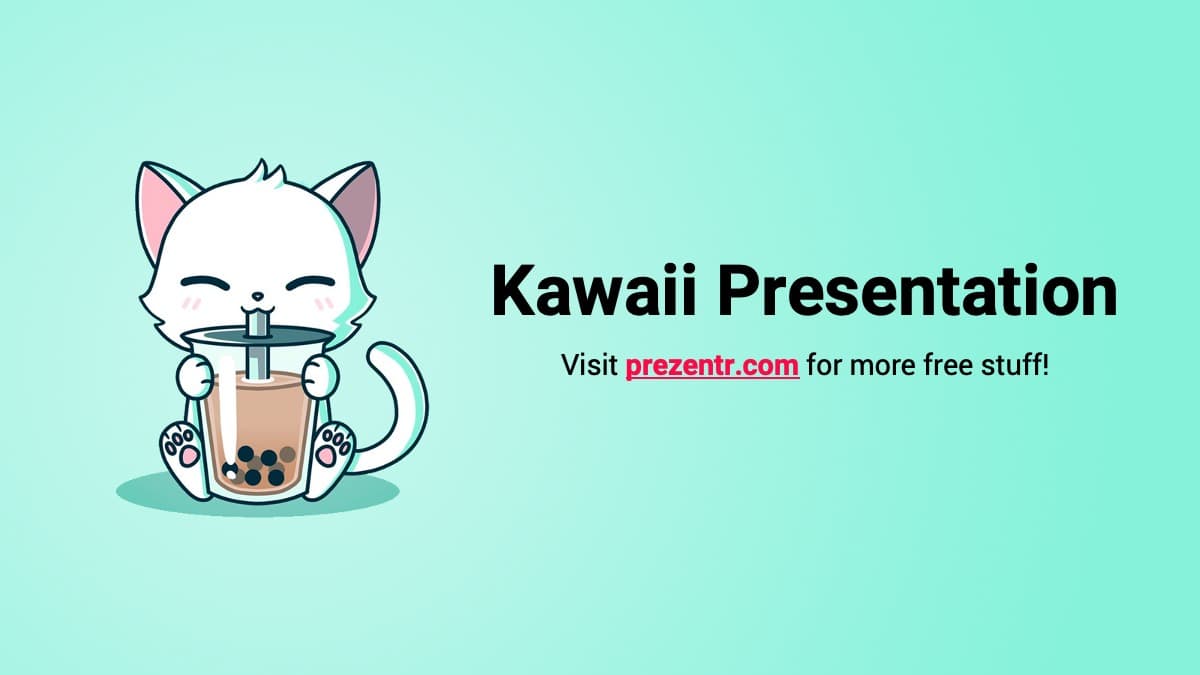 Kawaii PowerPoint Template cover slide with a cute white cat holding a bubble tea drink on a mint green background