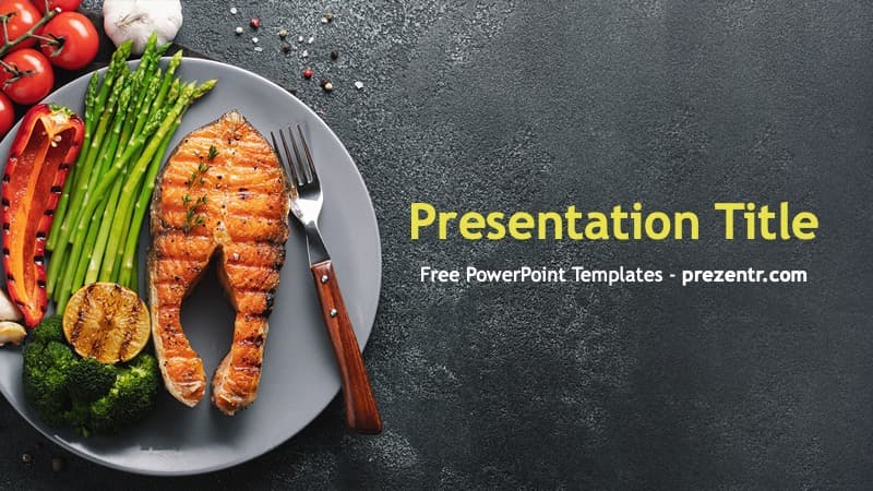 Grilled salmon steak with asparagus and vegetables on grey plate against dark background for Keto Diet PowerPoint Template