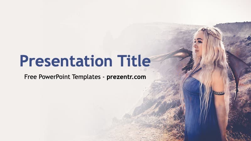 Khaleesi PowerPoint template cover slide featuring blonde woman in blue dress against misty mountain landscape