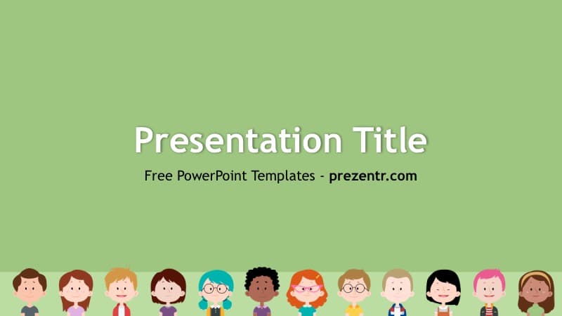 Kids PowerPoint Template cover slide with green background and colorful cartoon children illustrations at bottom
