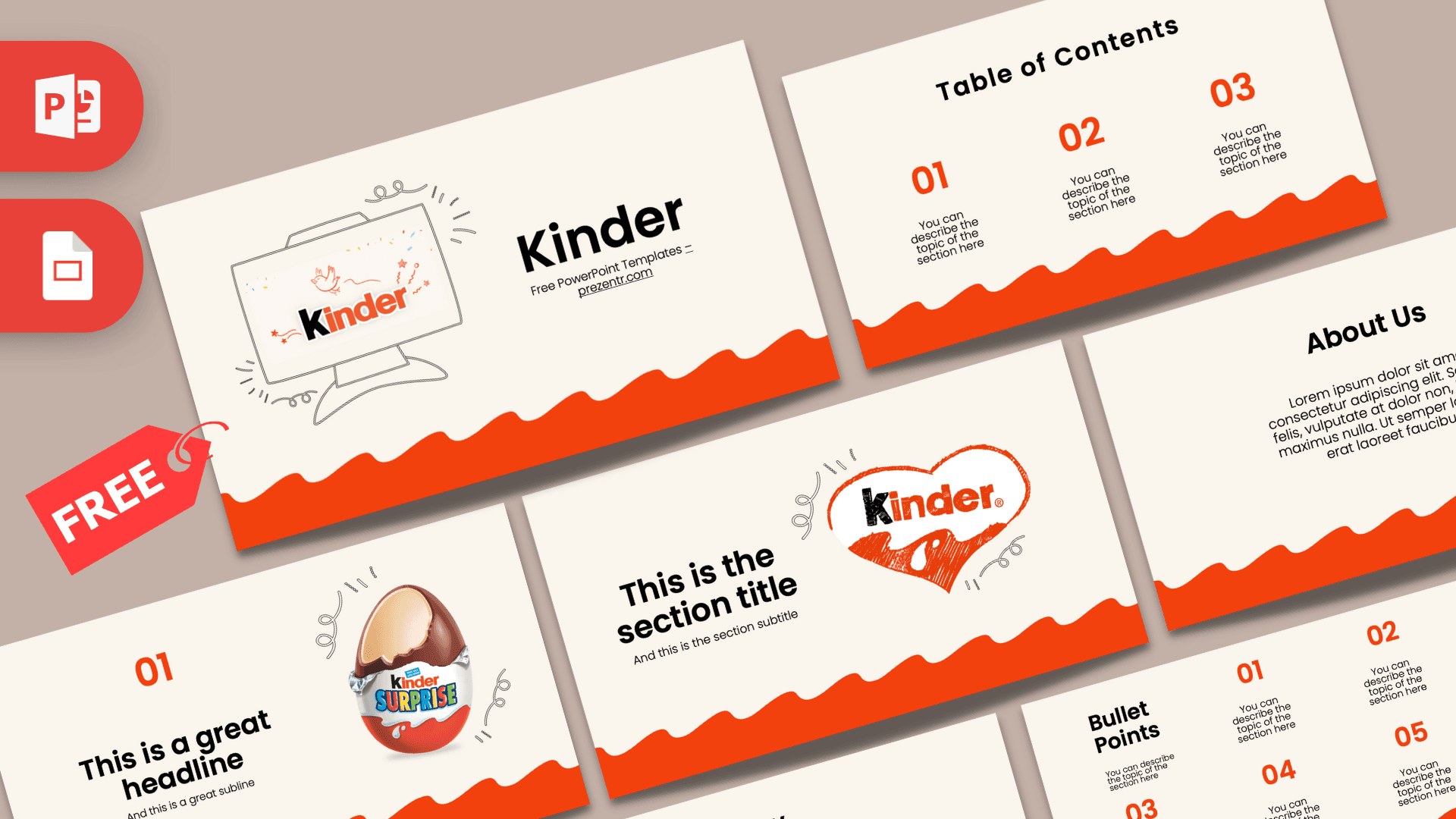 Kinder PowerPoint template cover slide with red wavy design and Kinder logo illustration
