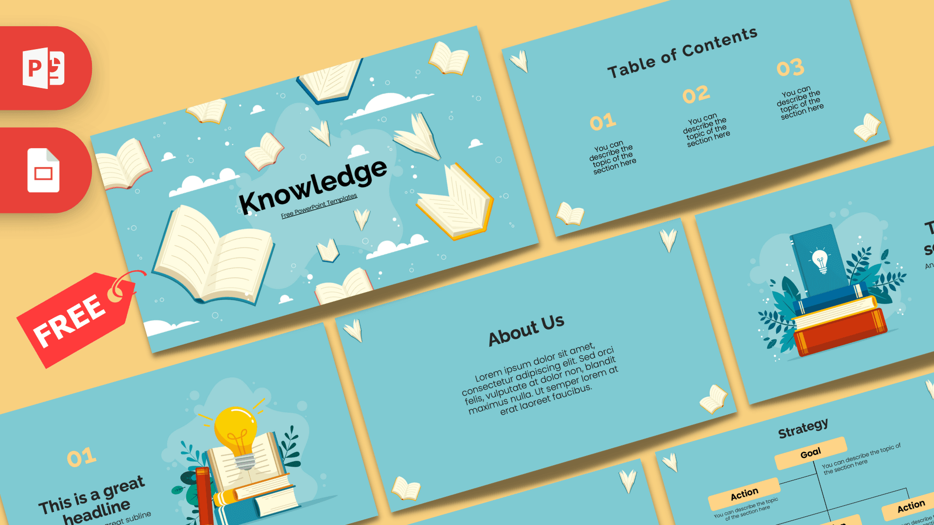 Knowledge PowerPoint template cover slide featuring blue background with illustrated open books and paper airplanes