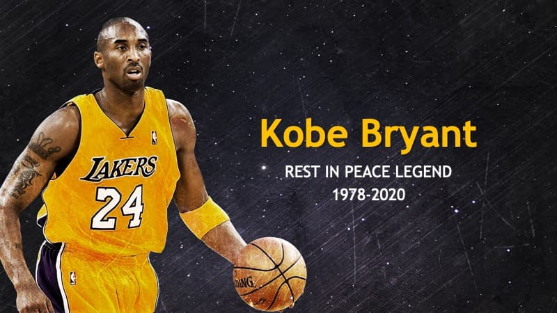 Kobe Bryant PowerPoint Template cover slide featuring Lakers player in yellow jersey with basketball against starry