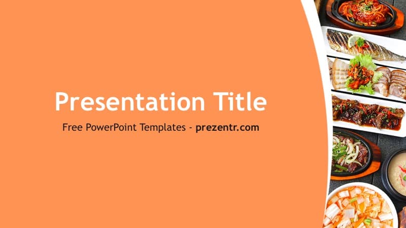 Korean Food PowerPoint Template cover slide with orange background and Asian cuisine photos