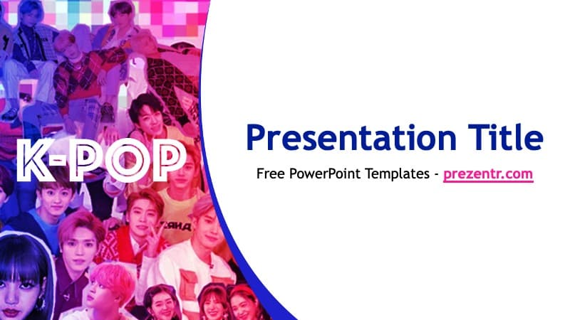 K-pop PowerPoint template cover slide with vibrant pink and blue gradient, featuring group of performers and curved design