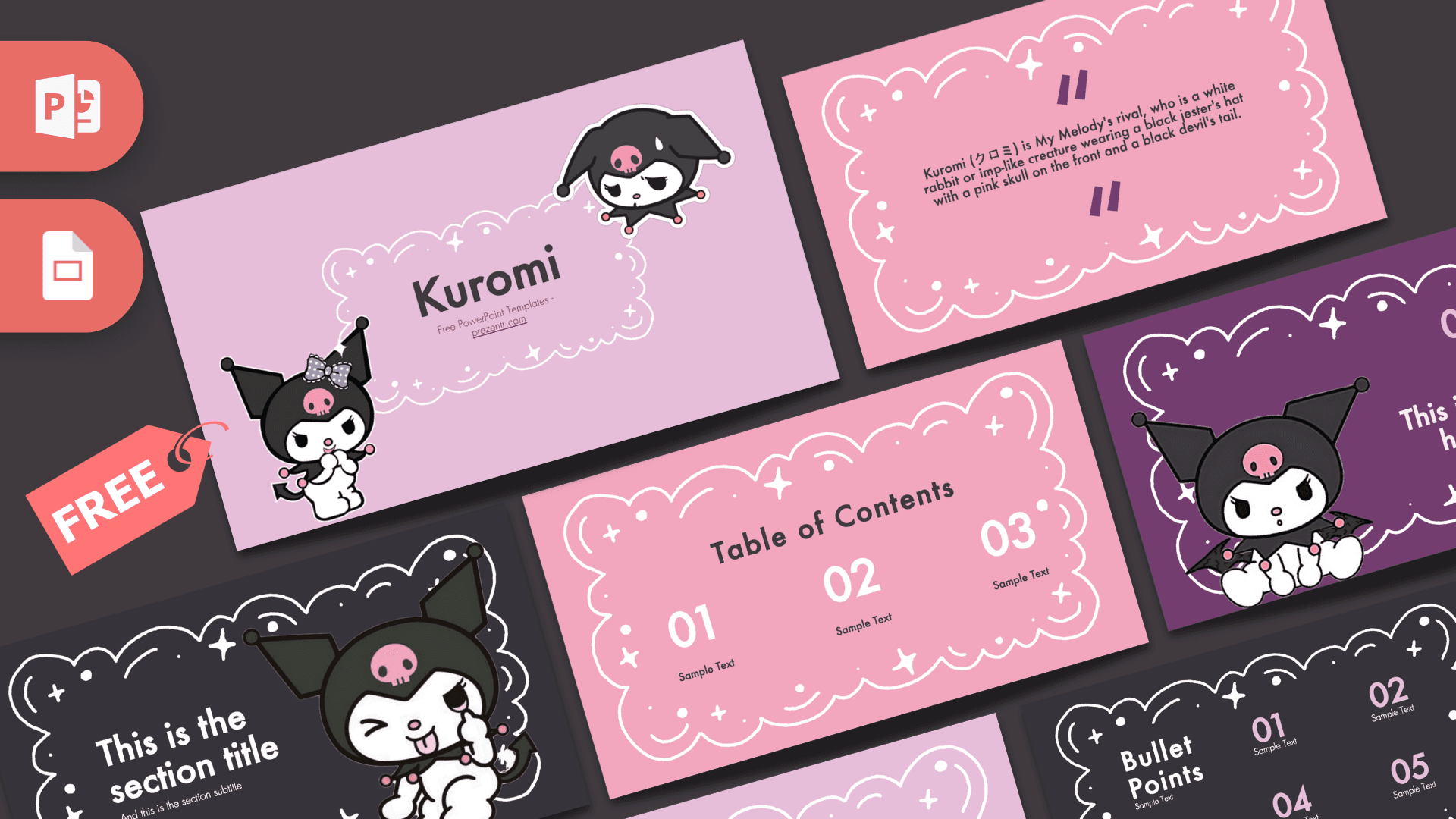 Kuromi PowerPoint Template cover slide with pink clouds and black cartoon character