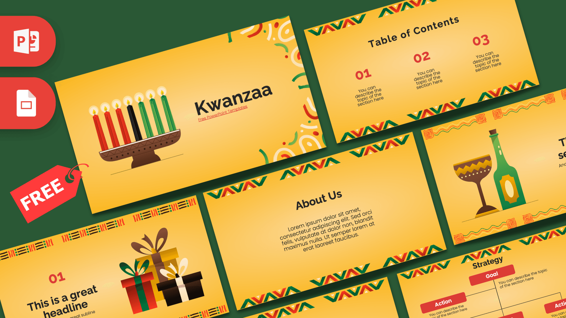 Kwanzaa PowerPoint template featuring yellow slides with kinara candles and African patterns