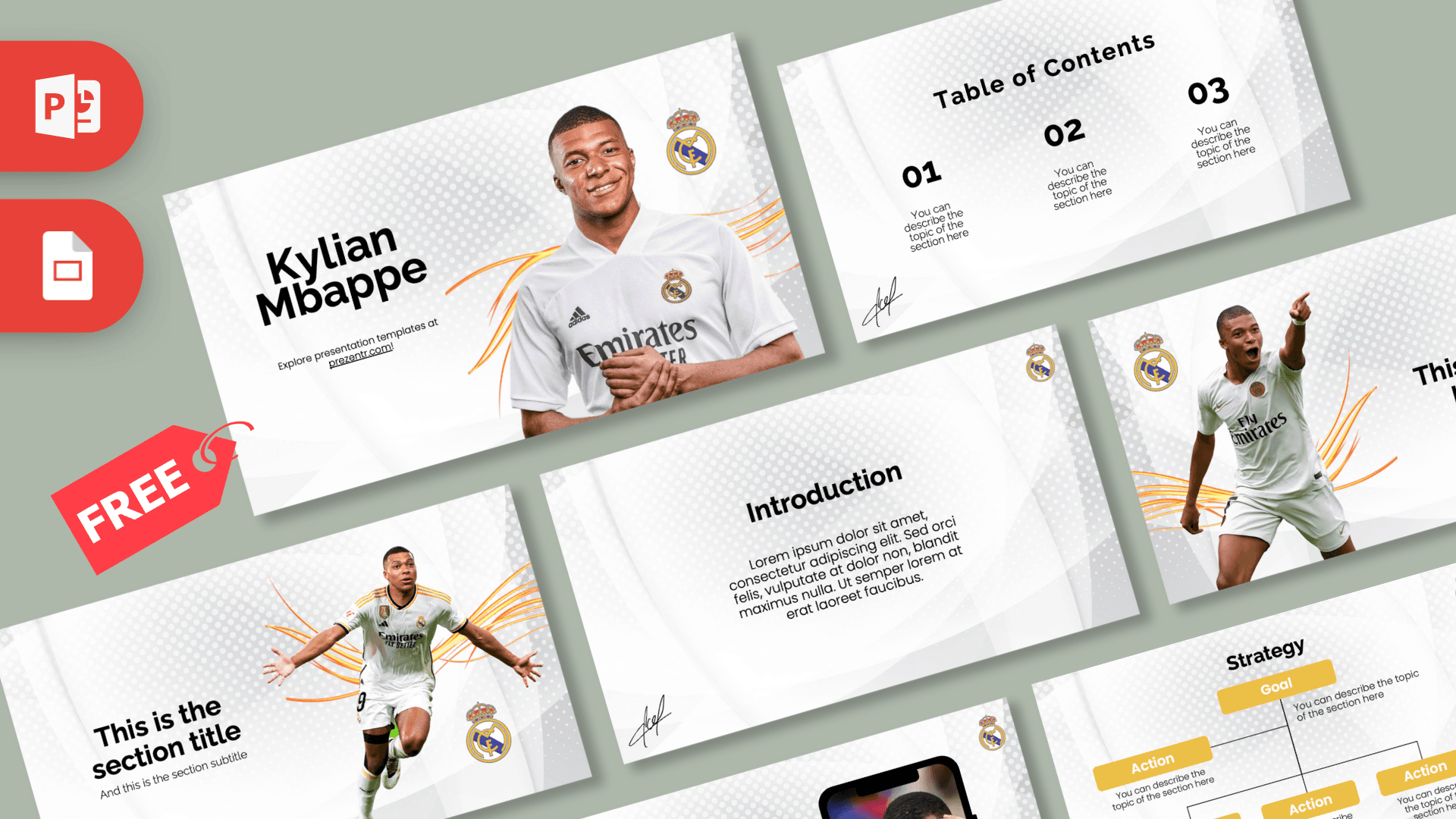 Kylian Mbappe PowerPoint template cover with player photo, Real Madrid logo, white background, orange accents
