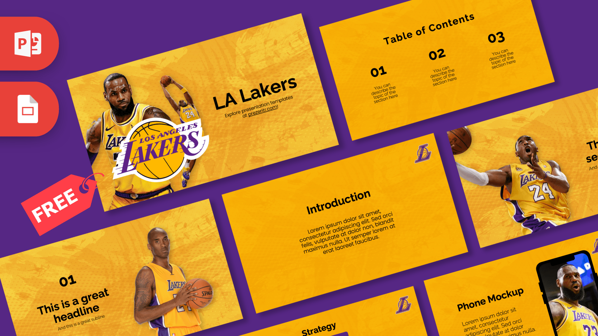 LA Lakers PowerPoint Template featuring yellow and purple design with basketball players and team logo on purple background