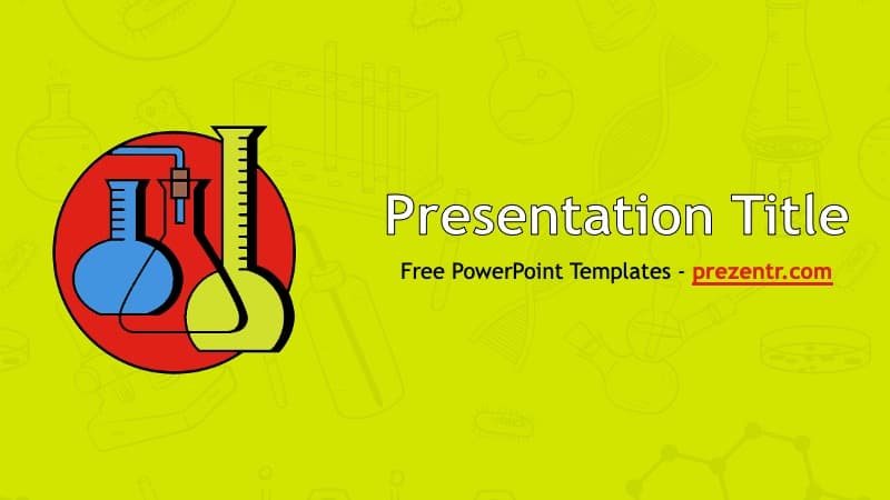 Lab PowerPoint Template cover slide with red circle containing blue beakers and yellow background