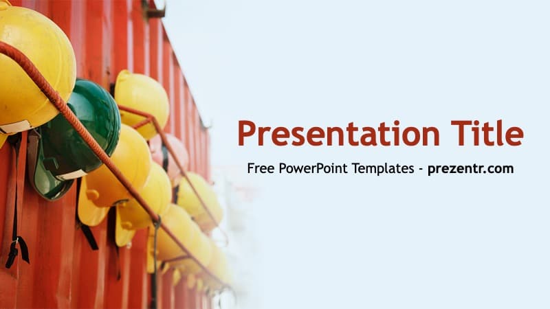 Construction safety helmets hanging on red corrugated metal surface with Labor PowerPoint Template title and text overlay