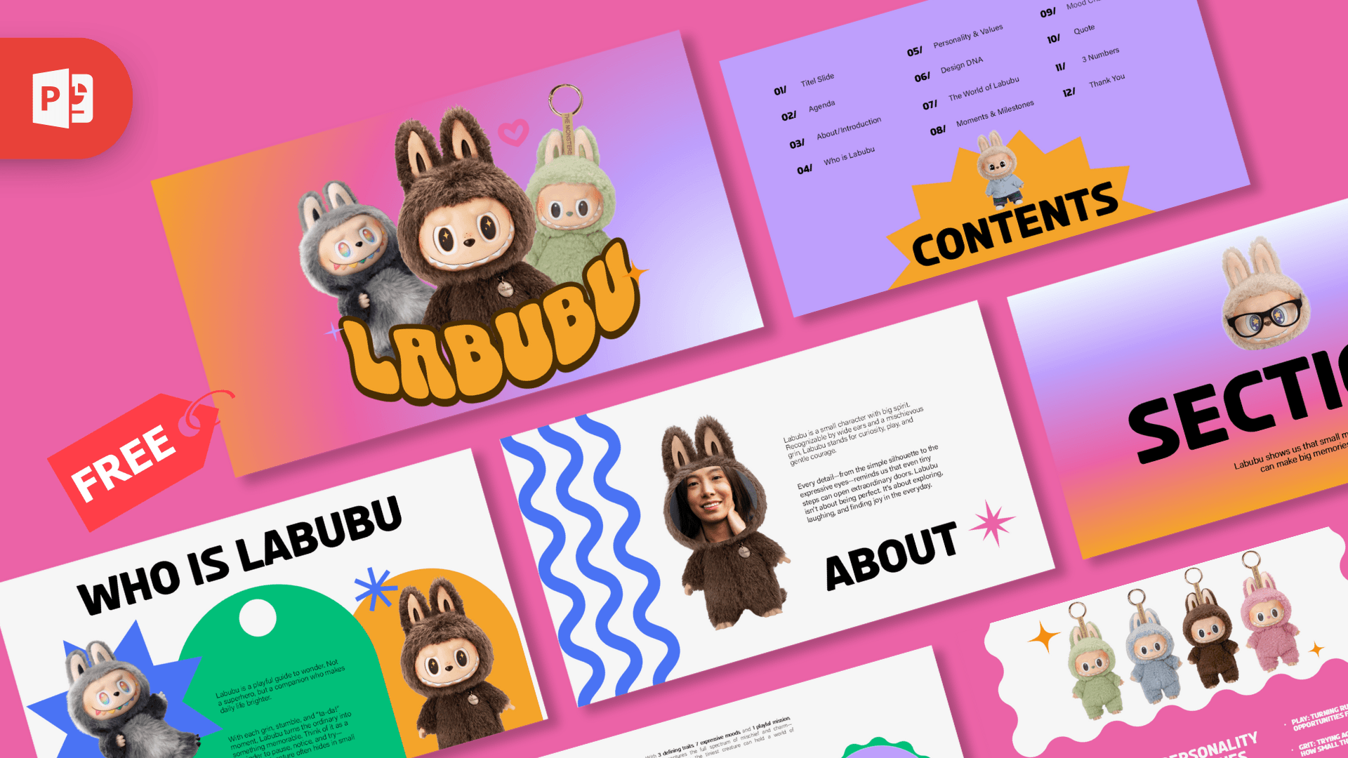 Labubu PowerPoint template cover slide featuring cute character mascots in brown and cream with vibrant pink and purple
