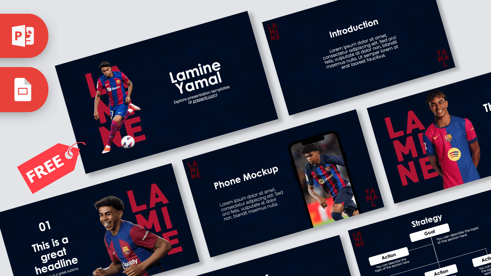 Lamine Yamal PowerPoint template cover slide with football player image, navy and red color scheme