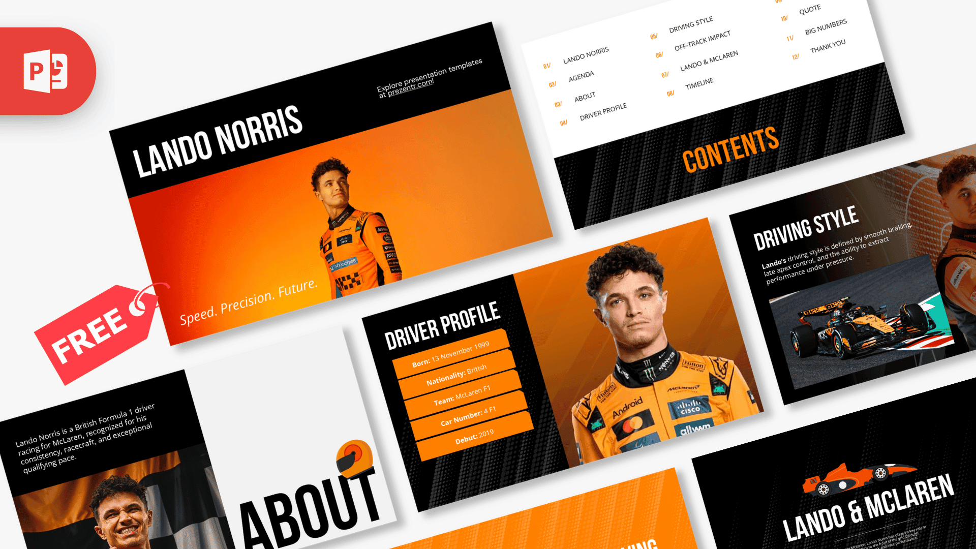 Lando Norris PowerPoint template cover slide with orange and black design featuring racing driver portrait