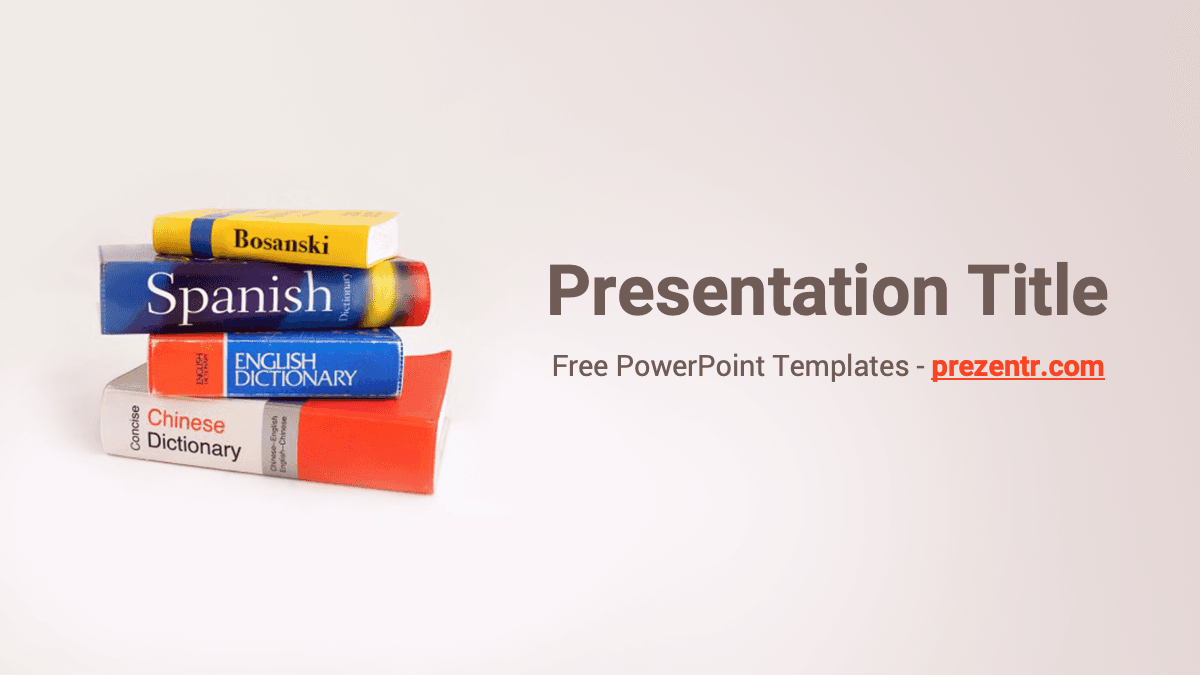 Language Learning PowerPoint Template cover slide with stacked colorful dictionaries on left, gray title text on right