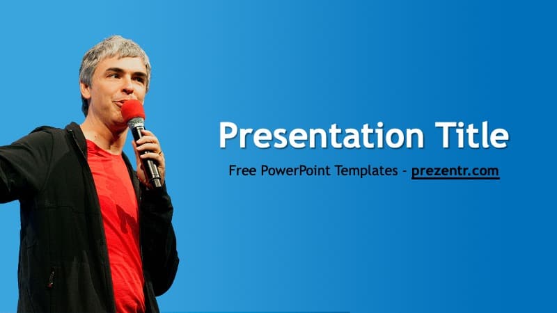 Larry Page PowerPoint Template cover slide with presenter holding microphone against blue background