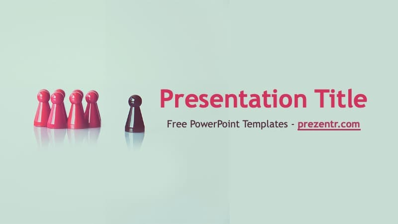 Leadership PowerPoint Template cover slide with pink and purple game pieces on mint background