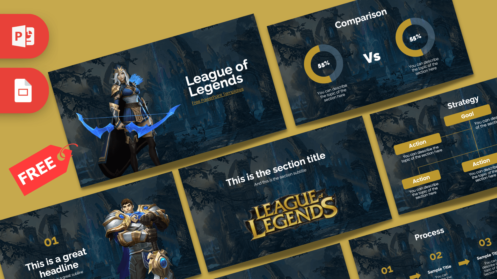 League of Legends PowerPoint template cover with gold and dark blue gaming aesthetic, character artwork