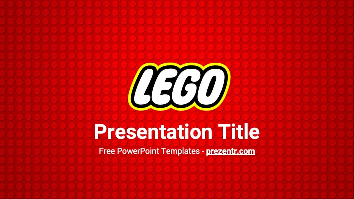 Lego PowerPoint Template cover slide with red brick background and yellow-outlined white logo text