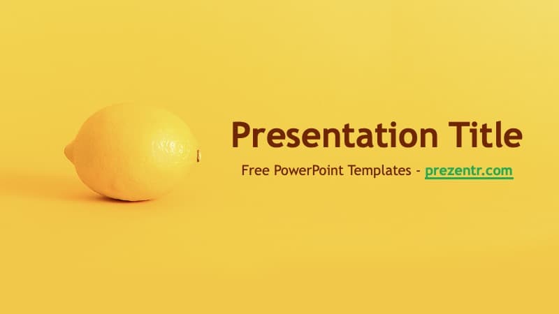 Yellow Lemon PowerPoint Template cover slide with fresh lemon fruit on bright yellow background and brown text