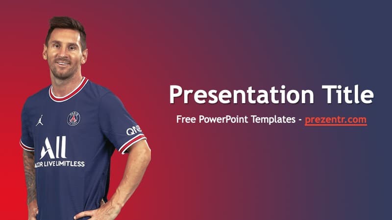 Messi PowerPoint Template cover slide featuring footballer in PSG jersey on red-to-blue gradient background