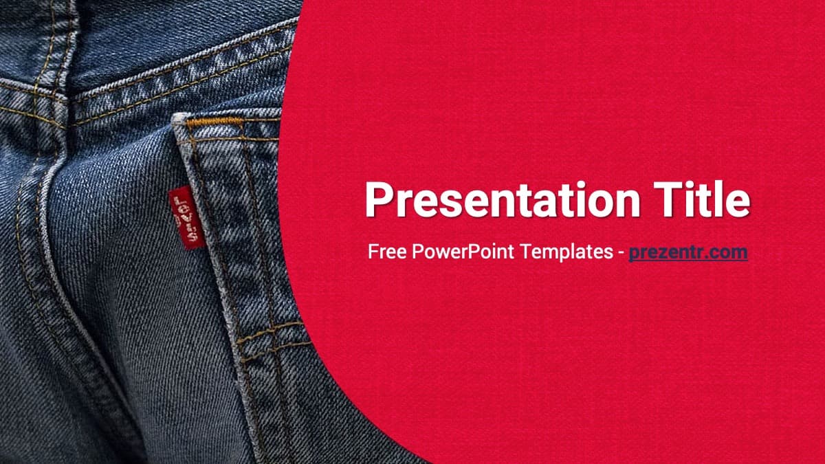 Levi's PowerPoint Template cover slide with red background, denim jeans detail on left, white title text on right