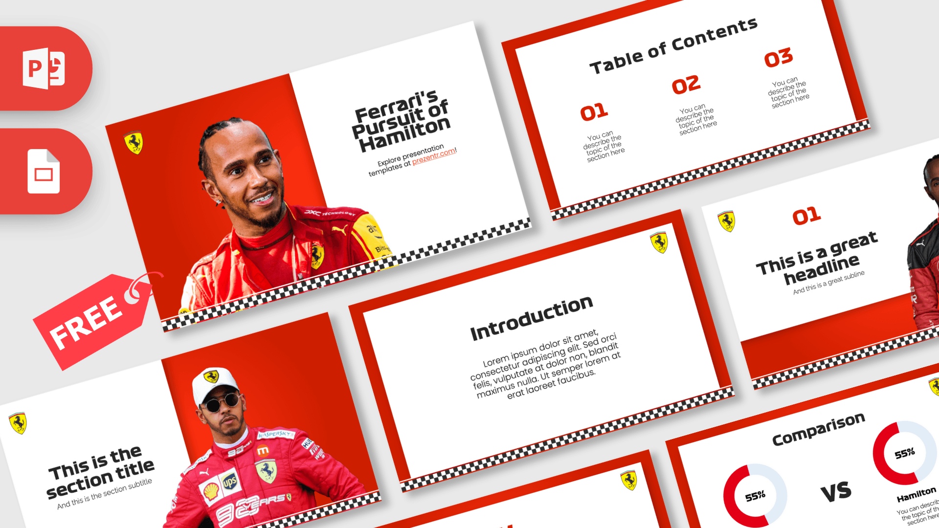 Lewis Hamilton PowerPoint Template cover slide with red Ferrari branding and driver portrait