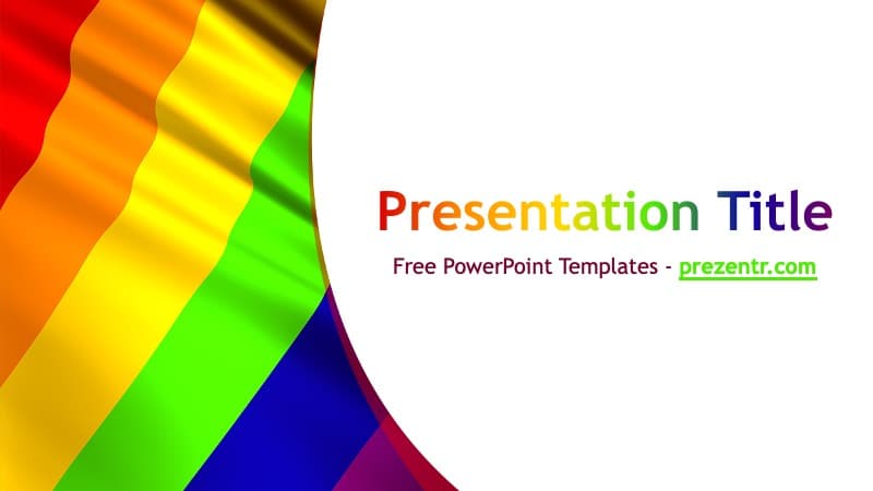 LGBT PowerPoint Template cover slide with rainbow diagonal stripes and colorful text