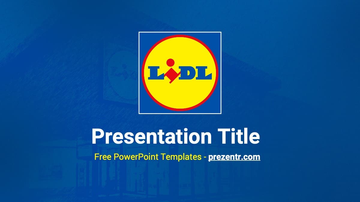Lidl PowerPoint template cover slide with yellow circle logo and red diamond on blue background