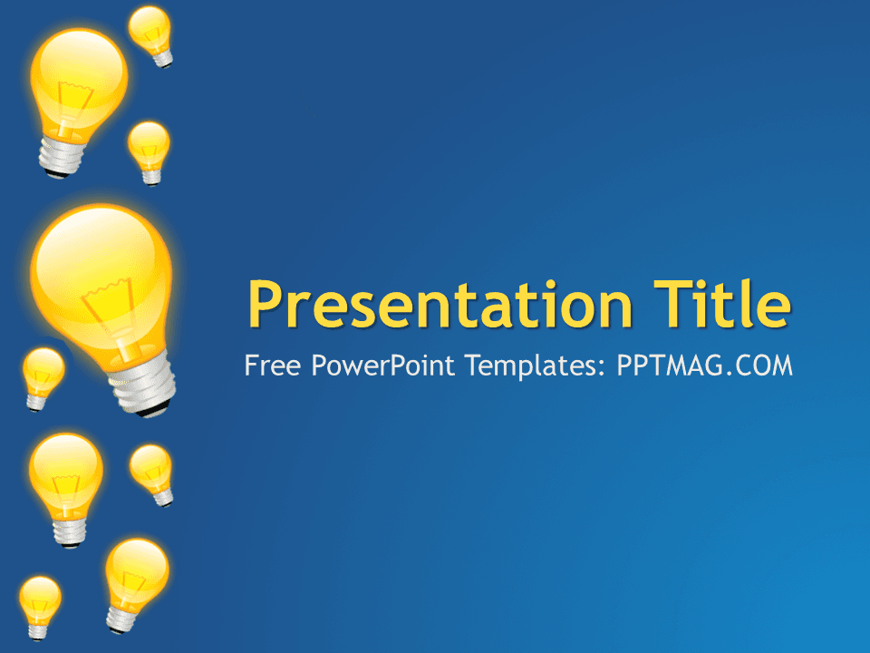 Light Bulbs PowerPoint Template cover slide with glowing yellow bulbs on blue background and editable title text
