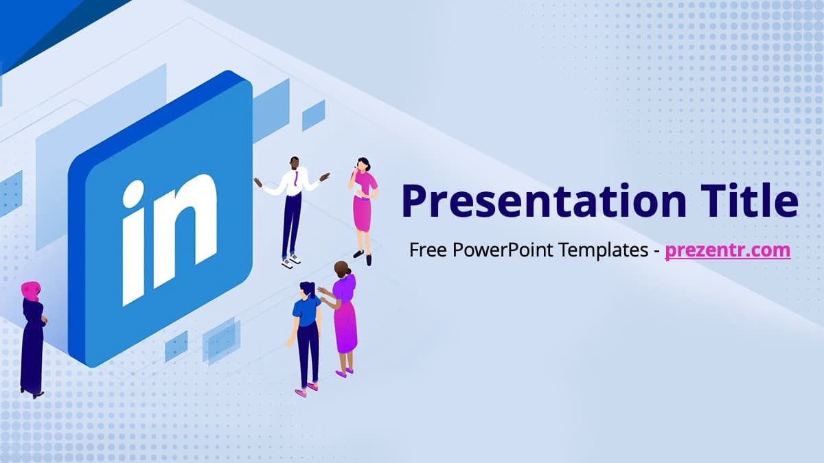 LinkedIn PowerPoint Template cover slide with blue isometric design and diverse business professionals