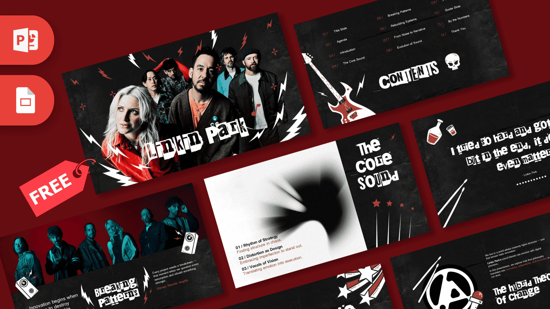Linkin Park PowerPoint template cover with band photos, red and black design, lightning bolt graphics