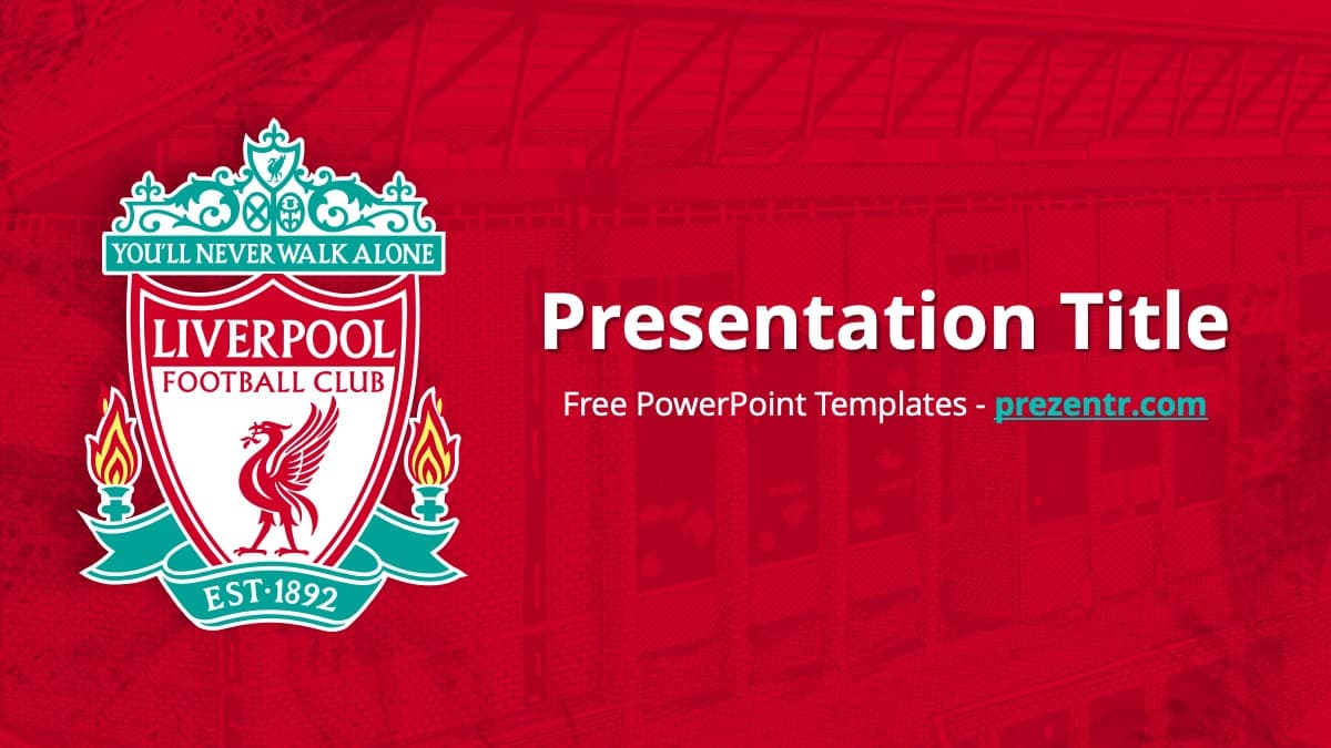Liverpool PowerPoint Template cover slide featuring the club crest on red background with white text placeholder
