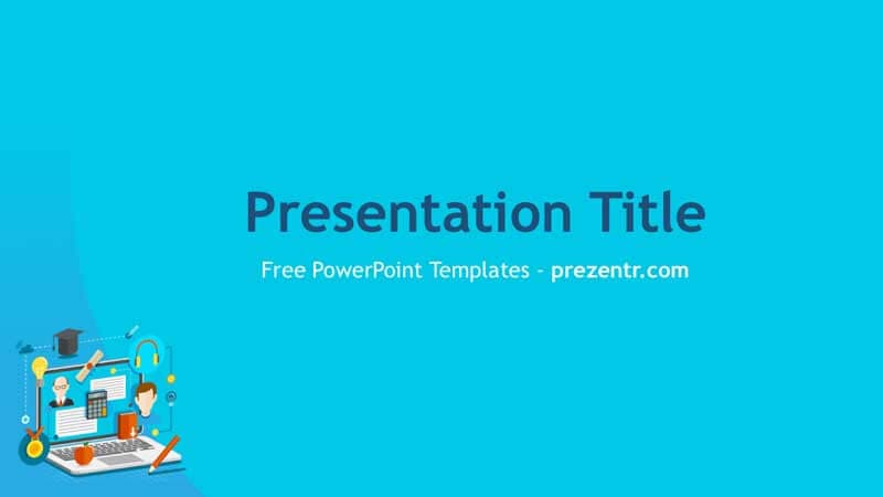 LMS PowerPoint Template cover slide with turquoise background, education icons, and centered title text