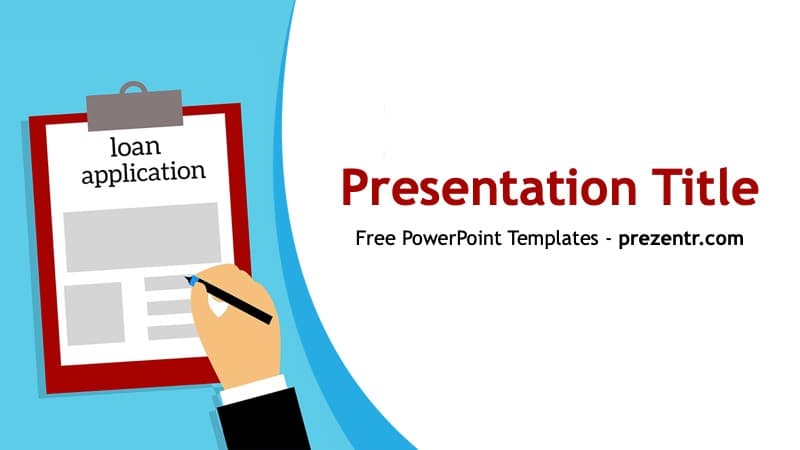 Loan PowerPoint Template cover slide with hand holding pen over clipboard on blue background