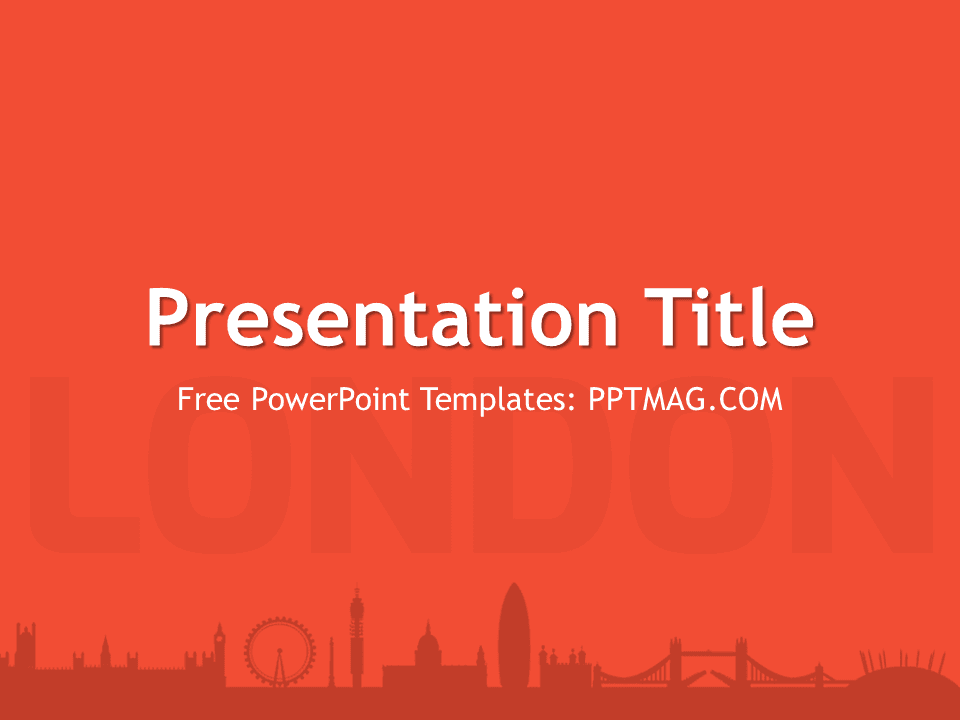 Red London PowerPoint Template cover slide with white title text and iconic city skyline silhouette at bottom