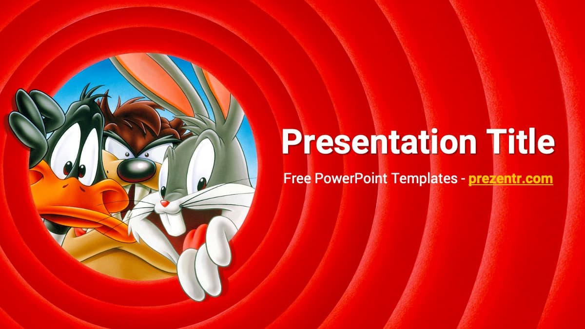 Looney Tunes PowerPoint Template cover slide with cartoon characters in red concentric circles design