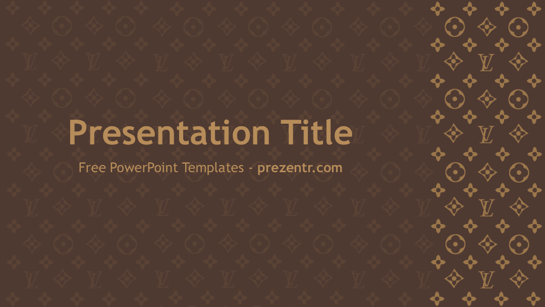 Louis Vuitton PowerPoint template cover slide with gold monogram pattern on brown background