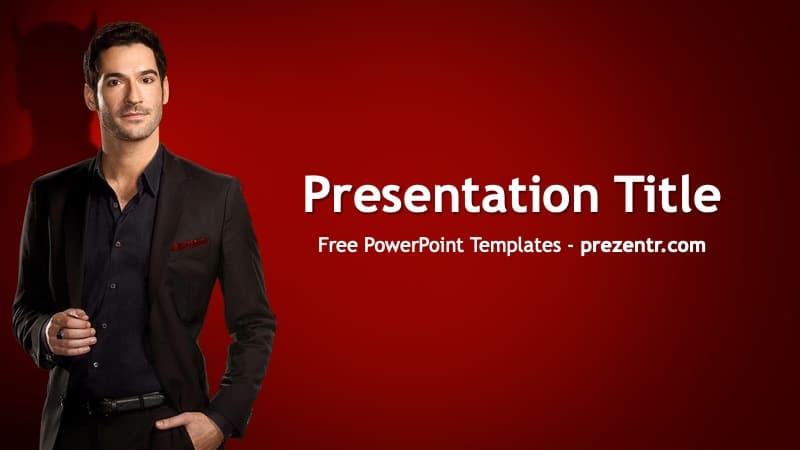 Professional man in black suit against red background with "Presentation Title" text on Lucifer PowerPoint Template