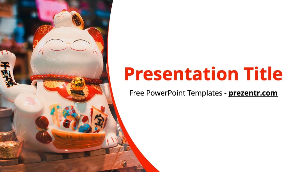 Lucky PowerPoint Template cover slide with white Maneki-neko cat figurine and red curved design elements