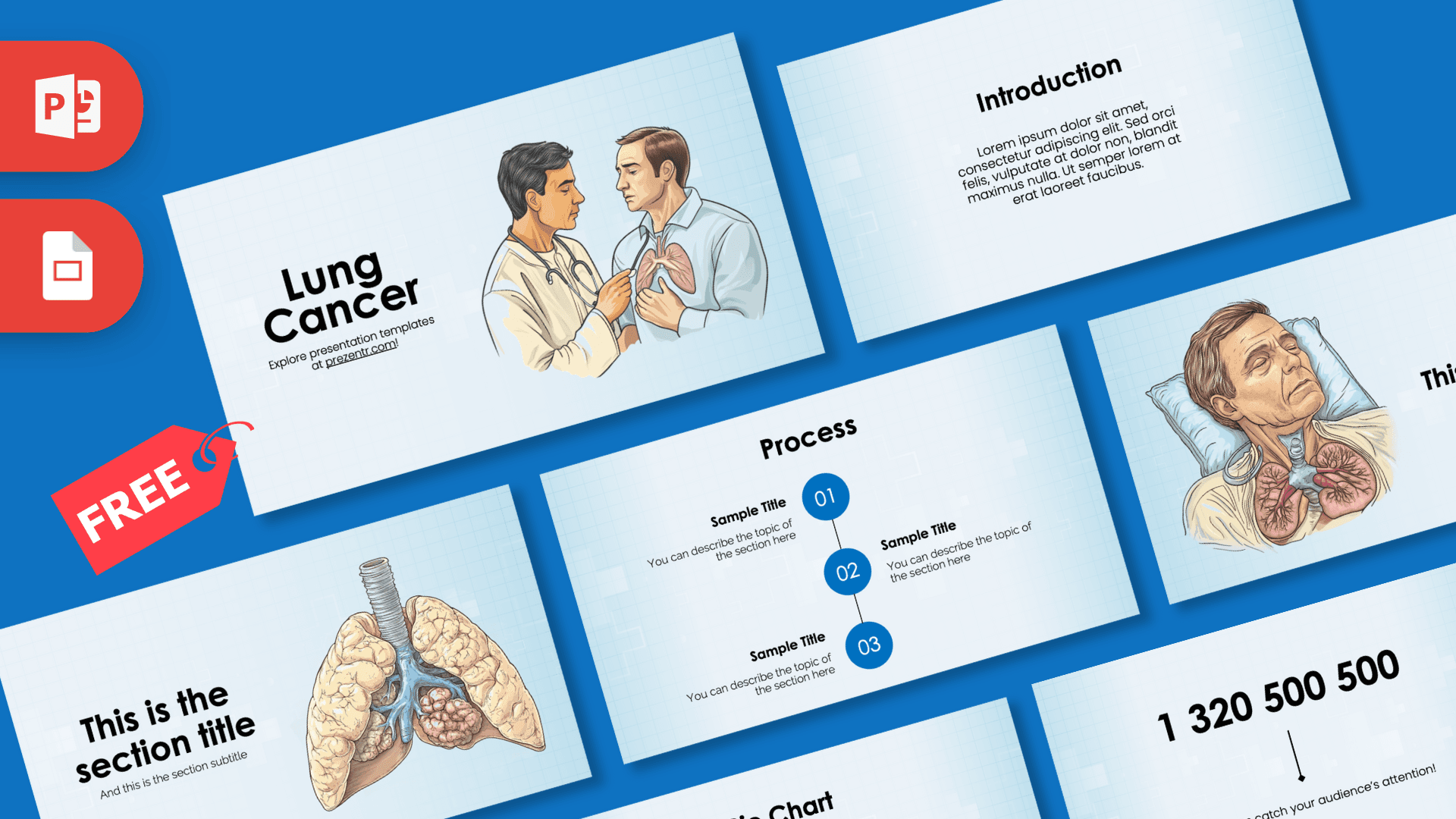 Lung Cancer PowerPoint template cover slide with blue background, medical illustrations, and doctor-patient consultation
