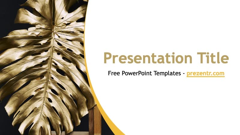 Luxury PowerPoint Template cover slide with gold monstera leaf and curved yellow design on dark background