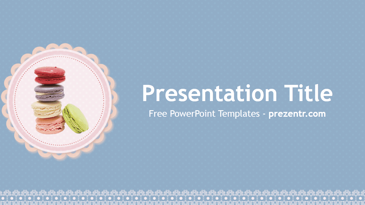 Macarons PowerPoint Template cover slide with colorful macarons in pink circle on blue background