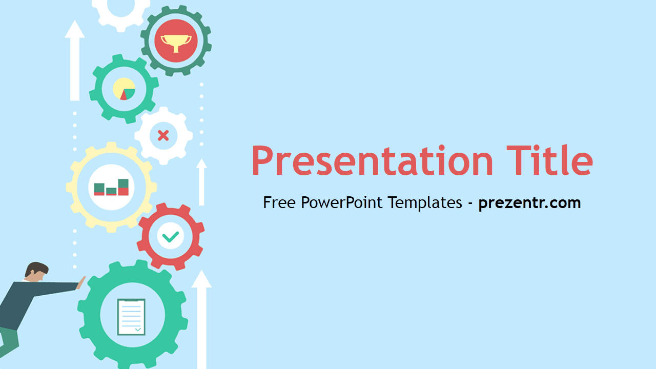 Machine Learning PowerPoint template cover slide with colorful gears, light blue background, and business icons